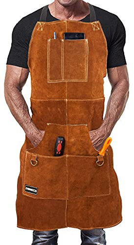 DIMWELD Delantal Soldador Cuero. Mandil Soldador, Peto Soldador, Mandil Soldadura, Delantal Soldadura, Avental Soldador Ignifugo. Delantal Trabajo con 6 Bolsillos para Herramientas (Marrón Claro)
