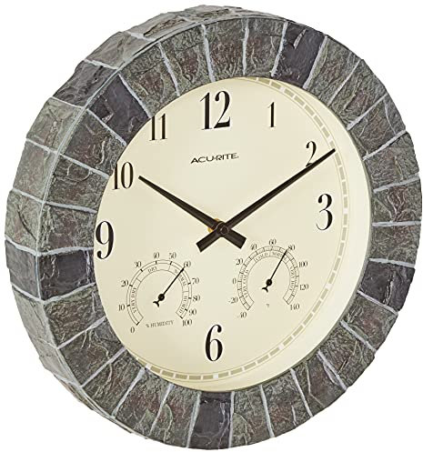 AcuRite 02418 14-Inch Faux-Slate Indoor/Outdoor Wall Clock with Thermometer, Hygrometer