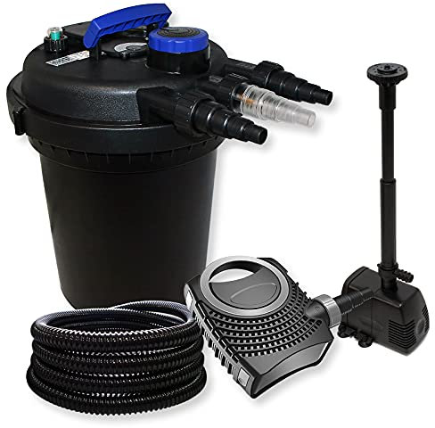 Wiltec Komplettset: CPF-180 Teichdruckfilter bis 6000 L mit 11 Watt UV-C Teichklärer, NEO8000 SuperEco Teichpumpe 8000l/h 70W, 25m Teichschlauch 25 mm (1), HJ-943 ECO Springbrunnenpumpe 800l/h 16W