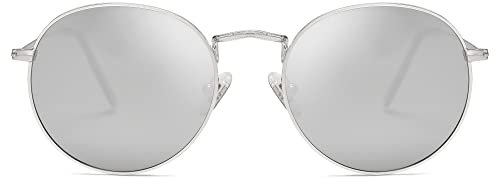 SOJOS Mode Rund Polarisiert Damen Herren Sonnenbrille Mirrored Linsees Unisex Sunglasses SJ1014 mit Silber Rahmen/Silber Linse