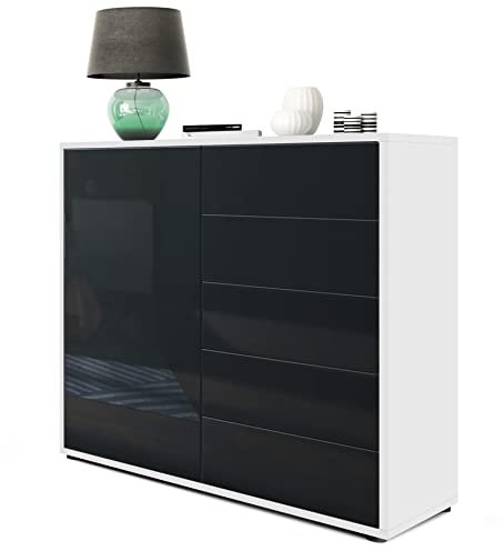 Vladon Sideboard Ben V2, Made in Germany, Kommode mit 1 Tür und 5 Schubladen, Weiß matt/Schwarz Hochglanz (79 x 74 x 36 cm)