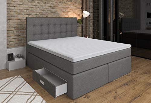 Tesla Dreams Boxspringbett 140x200 Ankona - Schublade,7 Zonen-Taschenfederkern-Matratzen,H2/H3, Topper Komfort, Grau