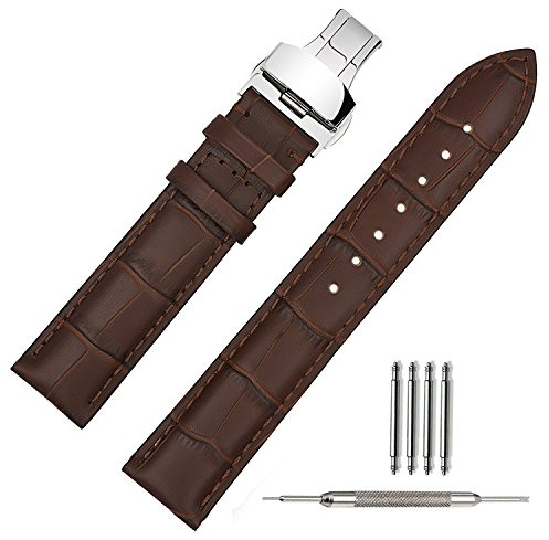 TStrap Uhrenarmband 20mm Leder - Armband Schwarz Herren - Lederarmband Uhrenband mit Edelstahl Faltschließe Faltschliesse - 18mm 19mm 21mm 22mm