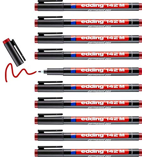 edding 142 M permanent pen - red - 10 pens - round nib 1 mm - pen for writing on glass, plastic, foils and smooth surfaces - permanent, quick-drying, smudge-proof and waterproof