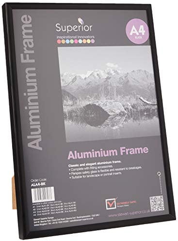 Stewart Superior A4 horizontal/vertical con vidrio cristal de seguridad aluminio marco de fotos – negro
