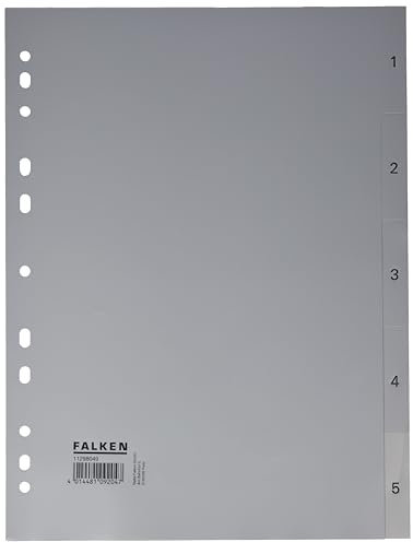 Original Falken PP Kunststoff-Register. Für DIN A4 22,5 x 29,7 cm volle Höhe Druck 1-5 5 Blatt grau Ringbuch Ordner Plastikregister ideal für Büro und Schule
