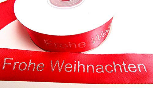 CaPiSo 25m Weihnachtsband 25mmSatinband Geschenkband Schleifenband Dekoband Advent Weihnachten mit Schrift Frohe Weihnachten (Schrift Rot)