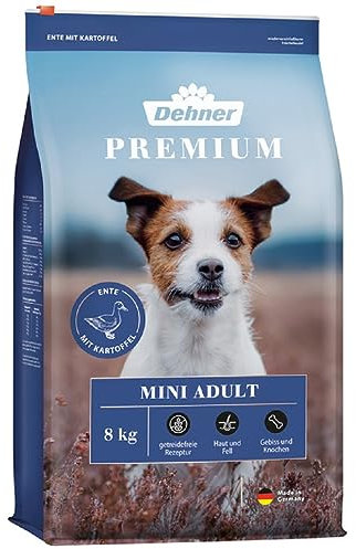 Dehner Premium Hundefutter, Trockenfutter getreidefrei, für ausgewachsene Hunde kleiner Rassen, Ente / Lamm / Kartoffel, 8 kg