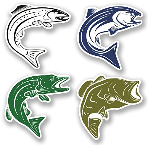 DestinationVinyl 4 x 10 cm Fisch Vinyl Aufkleber Angeln Laptop Box Geschenk Forelle Hecht Barsch Lachs #5360 (10 cm x 10 cm) - Matt, Glitzer, Blau, Grün, Grau