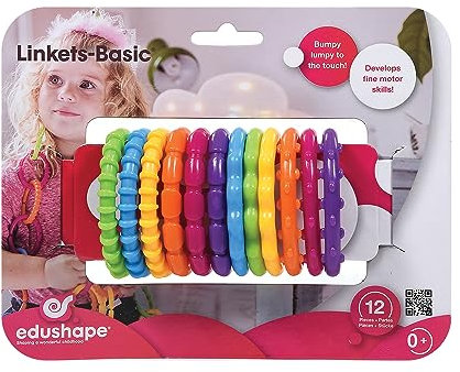 Edushape Linkets Sensory Activity Toy, Pack of 12 Tactile Linkets in assorted colours. Easily snap together to form links. Suitable from 3 months +