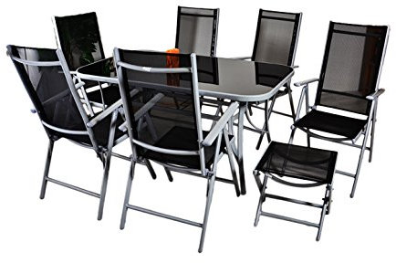 Nexos Trading 9-teiliges Gartenmöbel-Set – Gartengarnitur Sitzgruppe Sitzgarnitur aus Gartenstühlen & Esstisch (Glasplatte: schwarz) + Hocker – schwarz grau