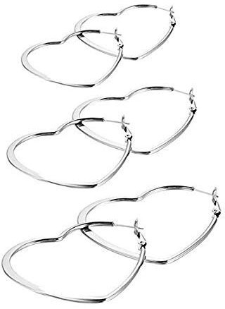 JewelryWe Schmuck 3 Paare Damen Ohrringe Edelstahl große Creolen Liebe Herz Ohrschmuck Ohrstecker, Silber, 35/46/55mm