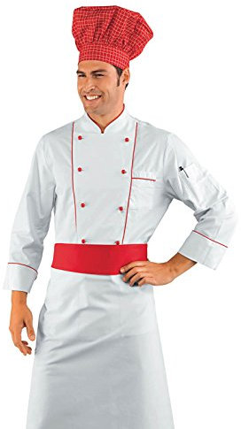 Isacco Giacca cuoco Profilata - Isacco Bianco+Rosso, Bianco+Rosso, M, 100% Cotone, Manica Lunga