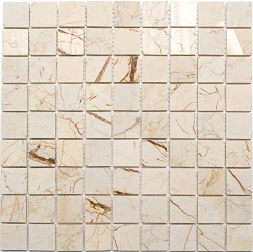 Mosaik Quadrat golden cream poliert mit Struktur Marmor Naturstein Küche, Mosaikstein Format: 32x32x8 mm, Bogengröße: 305x305 mm, 10 Bögen
