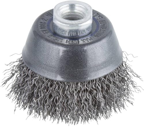 wolfcraft Crimped Steel Wire Cup Brush for Angle Grinders, M14, 70 mm | Durable metal cleaning wheel for rust removal, soldering prep, and welding work on stone or wood surfaces, 2107000