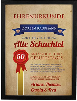 Herz & Heim® Wandbild Ehrenurkunde Alte Schachtel zum Geburtstag mit Namensdruck