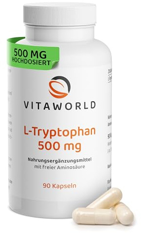 L-Tryptophan - L Tryptophan hochdosiert 500mg je Kapsel (90 vegane Kapseln) - Aminosäure aus pflanzlicher Fermentation - ohne unerwünschte Zusätze, glutenfrei und laktosefrei - vitaworld