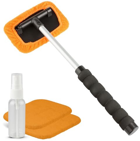 Walser Scheibenreiniger Auto, Autoscheiben Innenreiniger Teleskop-Funktion 26-42 cm ausziehbar, Windschutzscheiben Reiniger, Auto Scheibenreiniger innen + 2 Mikrofasertücher und Sprühflasche orange