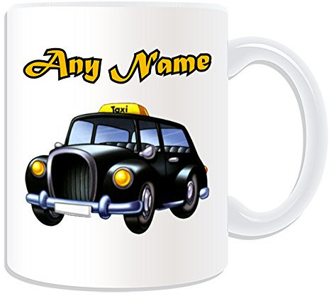 Personalised Gift - Black Cab Mug (Transport Design Theme, White) - Any Name/Message on Your Unique - London Taxi Hackney Carriage Hack Vehicle Automobile Remise Driver Taxicab Public Hire