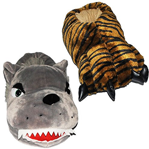 alles-meine.de GmbH 2 Verschiedene - Hausschuh/Pantoffel - Pfote Tiger + Wolf - Größen Gr. 43-44 - Rechter & Linker Schuh hat unterschiedliche Motive !!! - Plüschhausschuh - ..