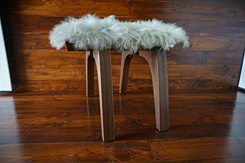 MILABERT Minimalistisch Mahagoniholz Hocker/Stuhl mit echtem geschweiften Silber Norwegisch Pelssau Schaffell - Designermöbel (S0516M1)