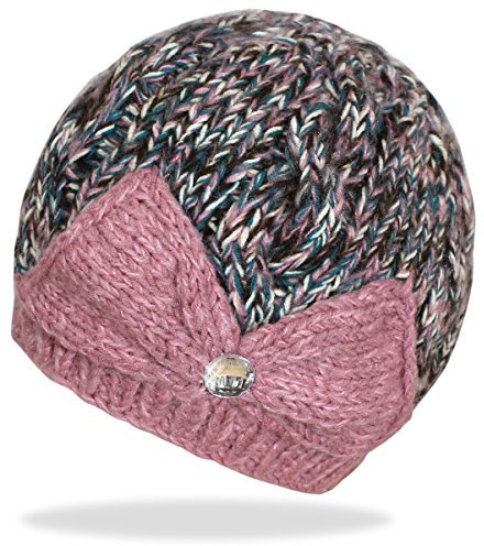dy_mode Damen Strick Mütze mit Strass Glitzer und Schleife Form/Bunte Strickmütze Wintermütze in 3 Farben - A036 (A036-Rosa)