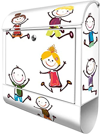 banjado® Design Briefkasten mit Happy Kids 38,5x46,5x13cm & 2 Schlüssel - Briefkasten Stahl weiß mit Zeitungsfach pulverbeschichtet - Postkasten A4 Einwurf inkl. Montagematerial