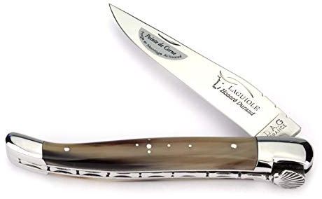 Laguiole Honoré Durand Taschenmesser Hornspitze 12 cm Pilger-Messer Sondermodell Jakobsmuschel Klinge und Backen Stahl glänzend