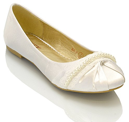 ESSEX GLAM New Womens LACE Pearl Wedding Bridal Ivory White Ballerina Flat Pumps Shoes Size 3 4 5 6 7 8 (UK 6 / EU 39 / US 8, White Satin)
