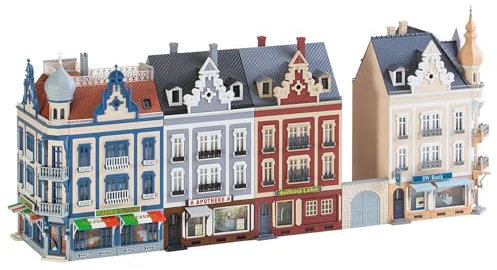 FALLER Stadthäuserzeile Beethovenstraße Modellbausatz mit 1068 Einzelteilen 452 x 118 x 200 mm I Modelleisenbahn Zubehör H0 I Modelleisenbahn H0 Stadt