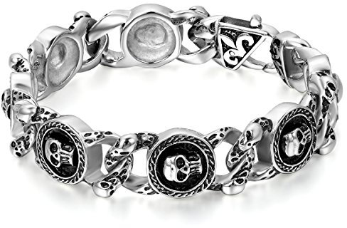 JewelryWe Schmuck Herren Armband, Edelstahl Retro Gotik Totenkopf Schädel Charm Link, Biker, Schwarz Silber