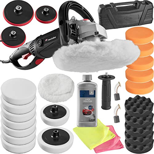 tectake® Lucidatrice Auto Professionale, Levigatrice Auto, Elettrica, 1500 W, 0-3000 U/Min, Manico Girevole 180°, 230 V, Blocco Mandrino, GS Certificata - 30 Pezzi incl. Prodotto per Lucidatura