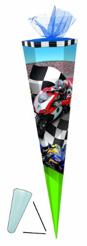 alles-meine.de GmbH Schultüte - Motorrad 50 cm rund - mit/ohne Kunststoff Spitze - Tüllabschluß - Zuckertüte - für Jungen Bike Rennrad Motorräder Biker Rennwagen Auto
