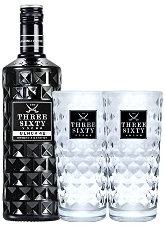 Three Sixty Vodka Black 42% 0,7l Set mit 2 Longdrink Gläsern 0,3l