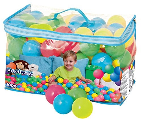 BESTWAY 52027 - Bolas de Colores para Piscina de Bolas Hinchable 100 Unidades de PVC con Bolsa de Transporte 4 Azul, Amarillo, Verde y Rosa Diámetro 6,4 cm