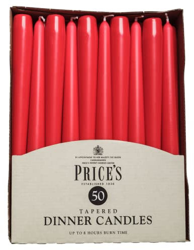 Price's Candles Tapered Dinner Candles Red Unscented Wax Pack of 50 | 7 Hour Burn Time Elegant Long Candles for Home Decor, Events, Celebrations & Dining