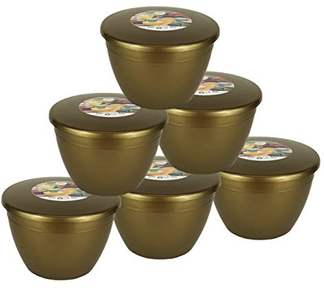 Just Pudding Basins Gold Coloured 1 Pint 570ml, Reusable Plastic Bowl with Clip-On Lids for Steamed Desserts, Cookware Moulds for Baking, 6 Pack