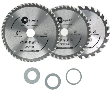 Dapetz ® TCT Circular Wood Fine Cut Saw Blade 205mm x 30mm Bore 24, 40 & 48 Teeth Mitre Hardened Tempered Fits A Multitude of Circular Saws 3Pcs