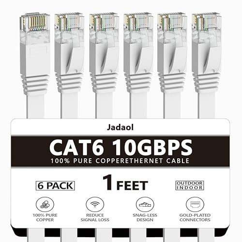 Cable Ethernet Cat6 plano de 0,31 m, cable de red Cat 6 con conectores RJ45, 1 pie, color blanco (6 unidades)