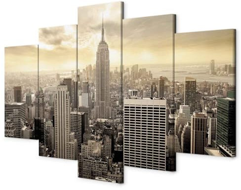 B&D XXL - Wandbilder XXL New York Skyline 200x100cm 5 tlg - Wand Deko Leinwand Bilder Groß Wanddeko Wohnzimmer Schlafzimmer Kunstdrucke - City Stadt Sepia NYC Gebäude d-B-0006-b-m