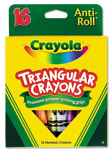 Crayola Products - Crayola - Triangular Crayons, Assorted, 16/Box - Sold As 1 Box - Triangular shape ensures that crayons won't roll away or off surfaces. - Features Anti-Roll benefit. - Helps promote proper writing grip development. - Non-washable formula. -