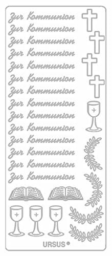 Ursus 59310032 - Kreativ Sticker, Kommunion, silber, 5 Blatt, selbstklebend, Ideal zur Kartengestaltung und zum Dekorieren von Geschenken, Stickerbogen ca. 10 x 23 cm