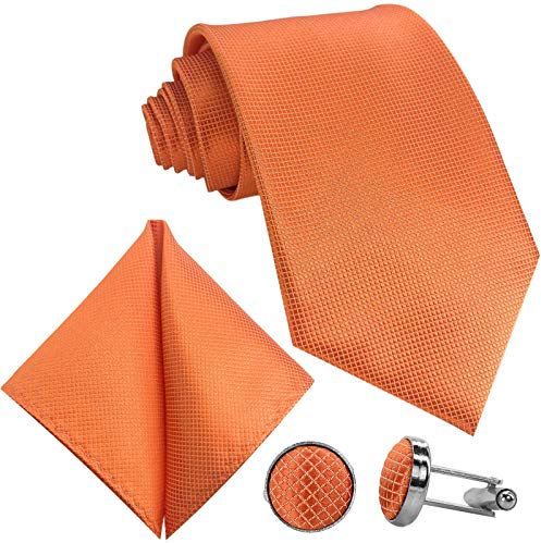 GASSANI 10cm Breite Herrenkrawatte Krawattenset Orangene Karo-Muster, Schmale Skinny Hochzeitskrawatte Herrenschlips Einstecktuch Manschettenknöpfe