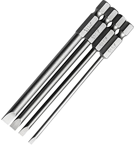 Toolcool 4 Pcs 4 Inch/100mm Flat Head Slotted Tip Screwdriver Bit Set 1/4 Inch Hex Shank Magnetic 3mm 4mm 5mm 6mm Bits