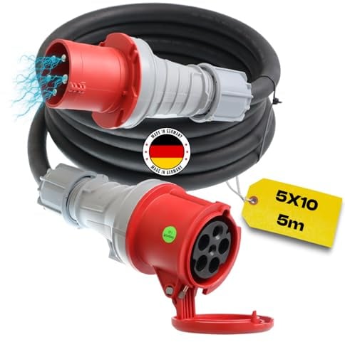 netbote24 Starkstromkabel 63A 5m H07RN-F 5x10 Starkstrom Verlängerungskabel CEE Verlängerung 63 Ampere Kabel 5x10mm2 Baustelle Werkstatt Industrie Geeignet Outdoor IP44 Spritzwassergeschütz