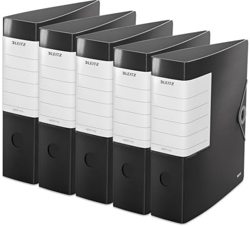 Leitz Qualitäts-Ordner 180° Solid, 5er Pack, A4, Schwarz, 8,2 cm Rückenbreite, Gummibandverschluss, Robustes Polyfoam, extra breites, austauschbares Rückenschild, 11120095