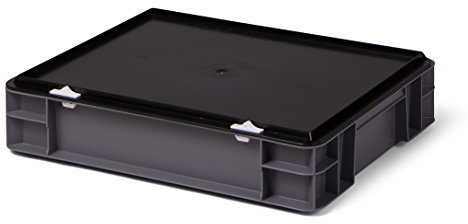 Euro-Transport-Stapelkasten, grau mit schwarzem Verschlußdeckel, 400x300x86 mm (LxBxH), Wände u. Boden geschlossen, 9 Liter, aus PPN