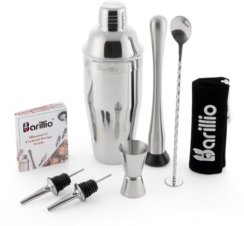 BARILLIO Elite Ensemble shaker à cocktail pour barman en acier inoxydable 680,4 g, mélangeur à martini, pilon, cuillère à mélanger, doseur, 2 verseurs d'alcool, sac en velours, livret de recettes et