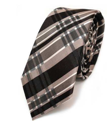 TigerTie - schmale Designer Seidenkrawatte in braun dunkelbraun beige kariert - Schlips in schmaler Ausfertigung