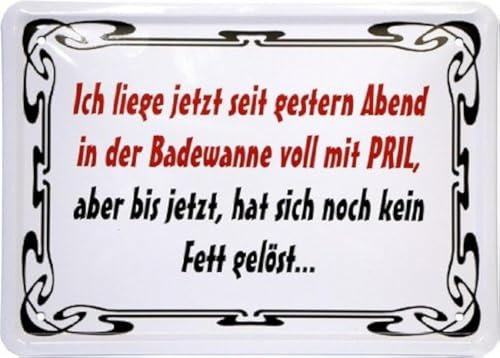 WOGEKA ART Retro Blechschild - Ich liege seit gestern in der Badewanne - witziger Spruch als Geschenk-Idee Geburtstag Weihnachten Dekoration 21x15 cm Vintage-Design Metall MJ 126